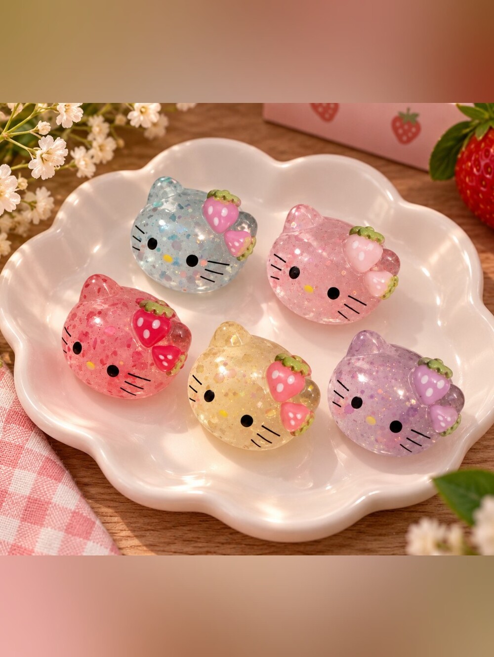 Cute Glitter Resin Cat Trinkets Figurine Kawaii with Strawberry Bow Set of 5 New